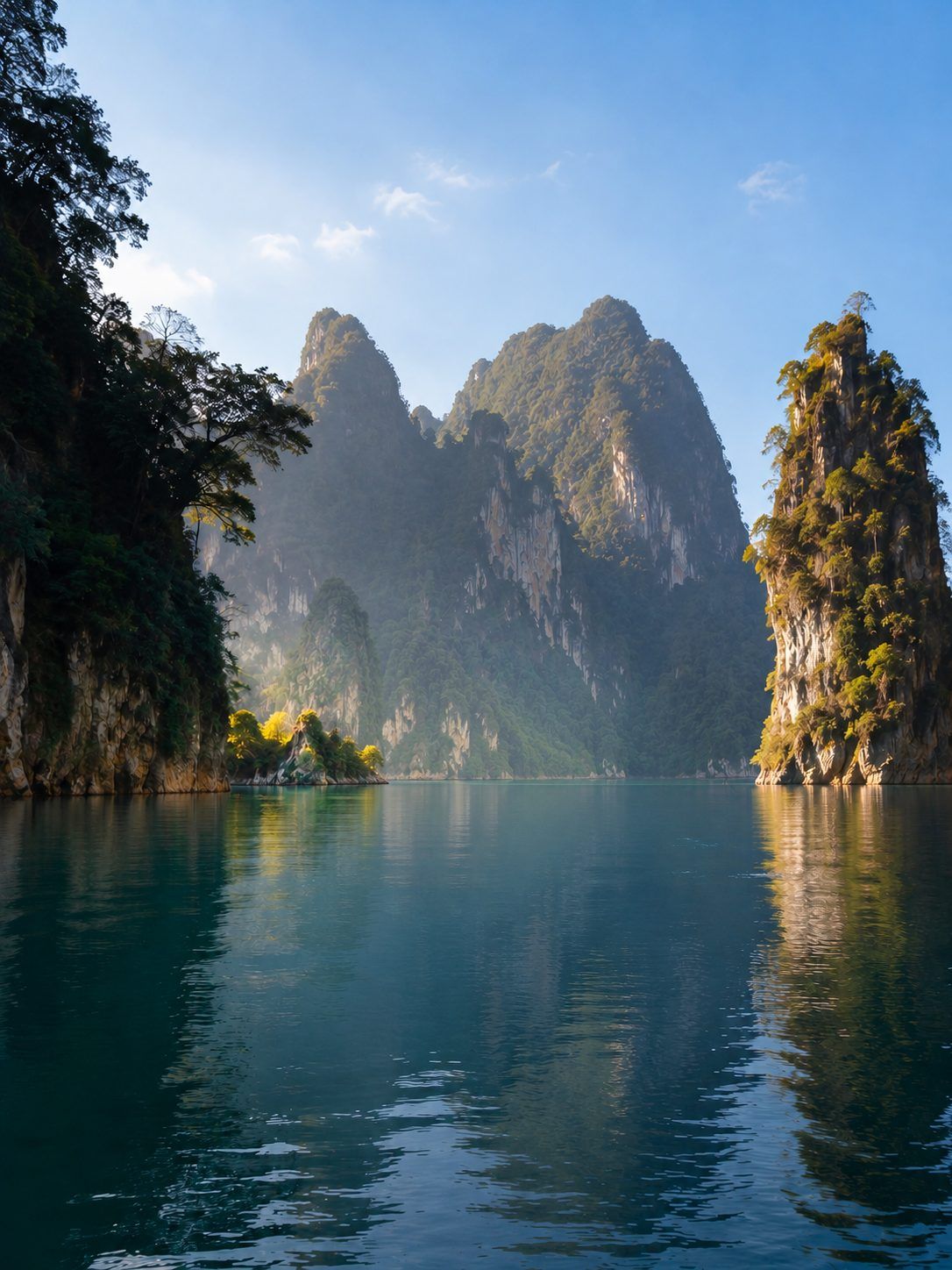 Limestone cliffs rising from the water of Cheow Lan Lake, Khao Sok
