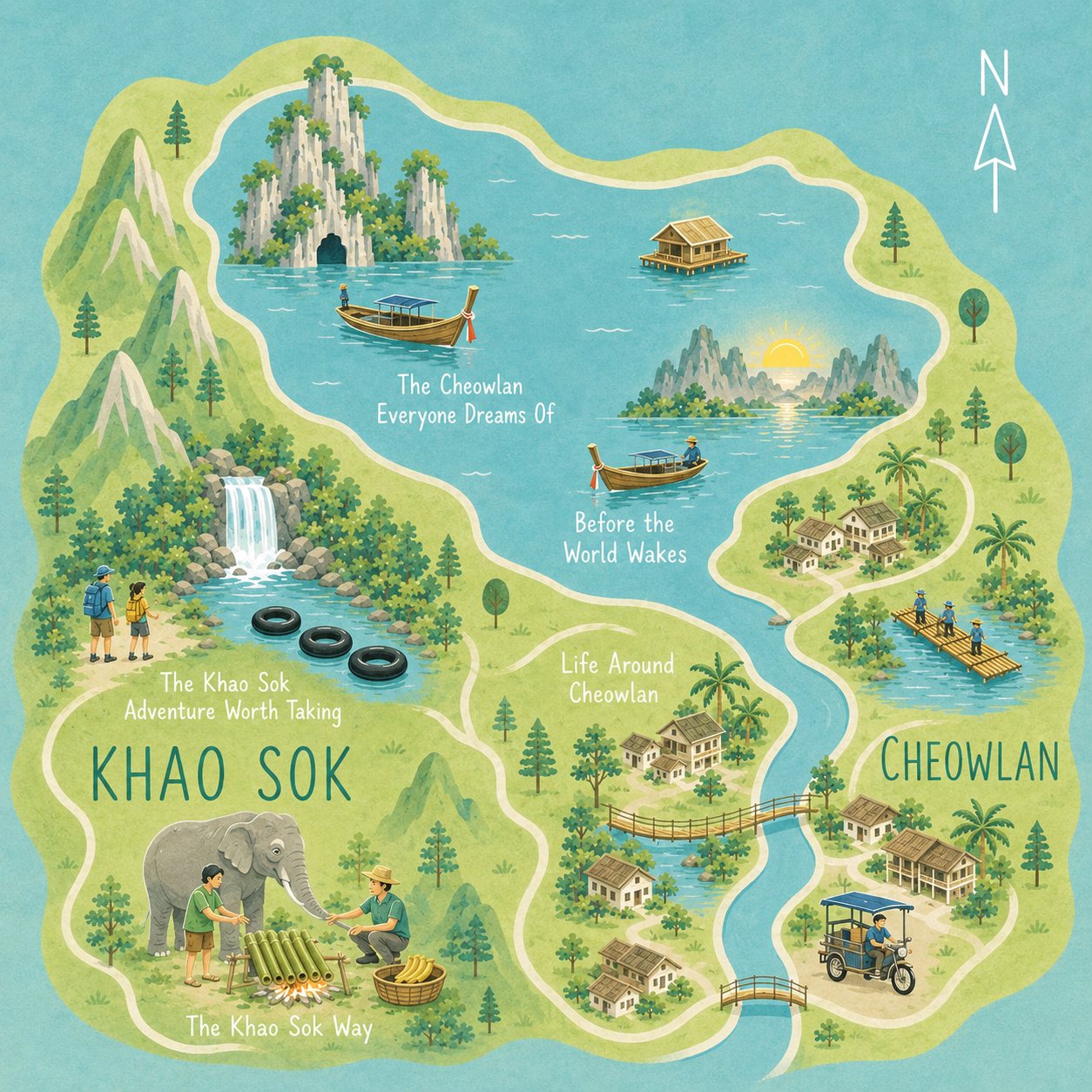 Illustrated map showing the Khao Sok zone with the elephant camp and jungle trekking, and the Cheowlan zone with the lake, raft houses and villages
